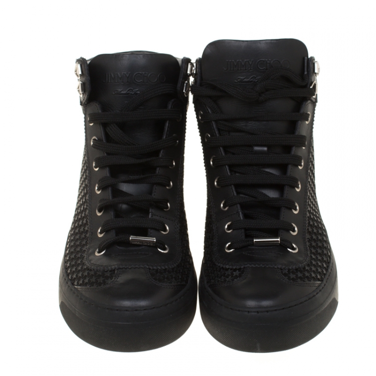 Pre Owned Jimmy Choo Black Leather Argyle Rubber Star Studded High Top Sneakers Size 42.5