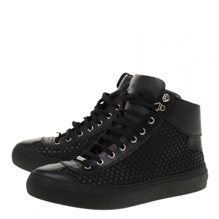 Pre Owned Jimmy Choo Black Leather Argyle Rubber Star Studded High Top Sneakers Size 42.5