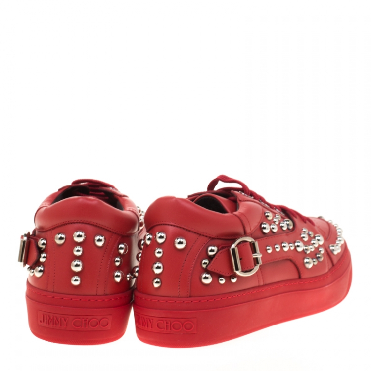 Pre Owned Jimmy Choo Red Studded Leather Roman Sneakers Size 43