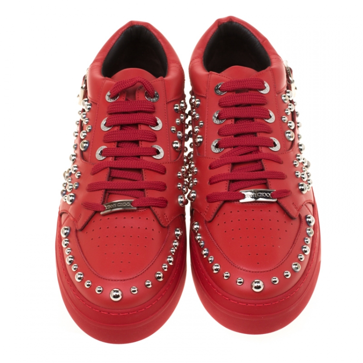 Pre Owned Jimmy Choo Red Studded Leather Roman Sneakers Size 43