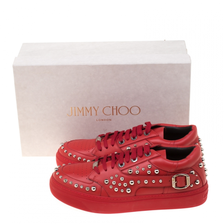 Pre Owned Jimmy Choo Red Studded Leather Roman Sneakers Size 43