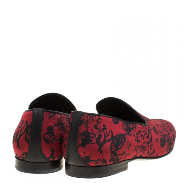 Pre Owned Jimmy Choo Red Floral Jacquard Fabric Sloane Smoking Slippers Size 42