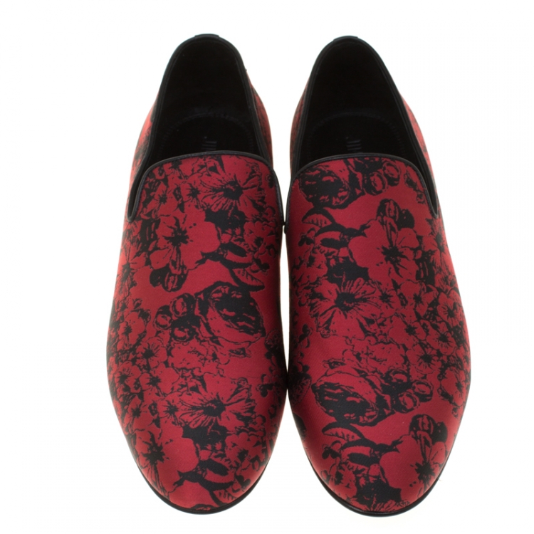Pre Owned Jimmy Choo Red Floral Jacquard Fabric Sloane Smoking Slippers Size 42