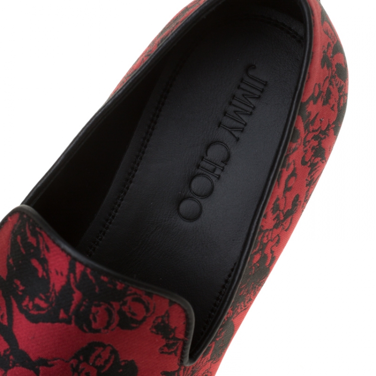 Pre Owned Jimmy Choo Red Floral Jacquard Fabric Sloane Smoking Slippers Size 42
