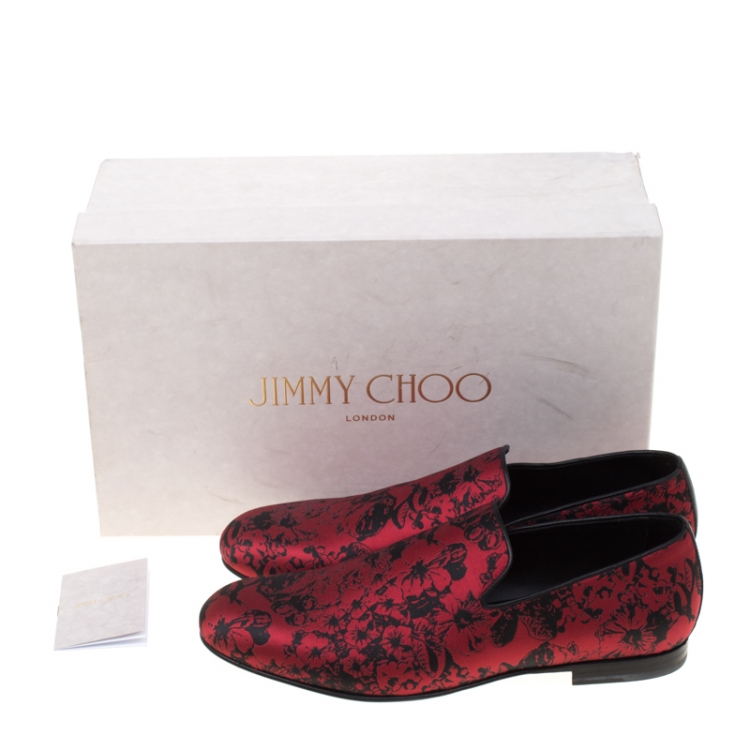 Pre Owned Jimmy Choo Red Floral Jacquard Fabric Sloane Smoking Slippers Size 42
