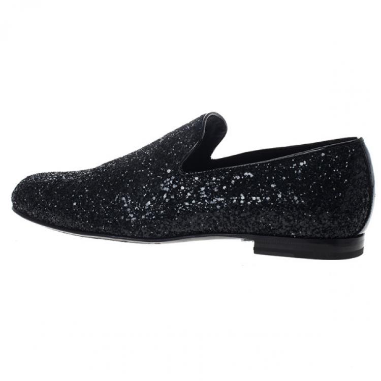 Pre Owned Jimmy Choo Black Coarse Glitter Sloane Smoking Slippers Size 42