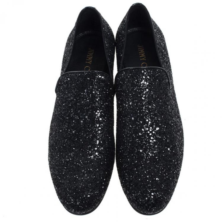 Pre Owned Jimmy Choo Black Coarse Glitter Sloane Smoking Slippers Size 42