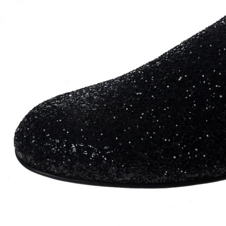 Pre Owned Jimmy Choo Black Coarse Glitter Sloane Smoking Slippers Size 42