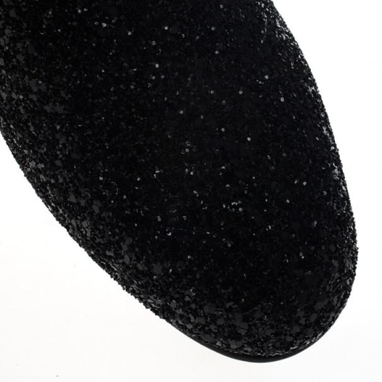 Pre Owned Jimmy Choo Black Coarse Glitter Sloane Smoking Slippers Size 42