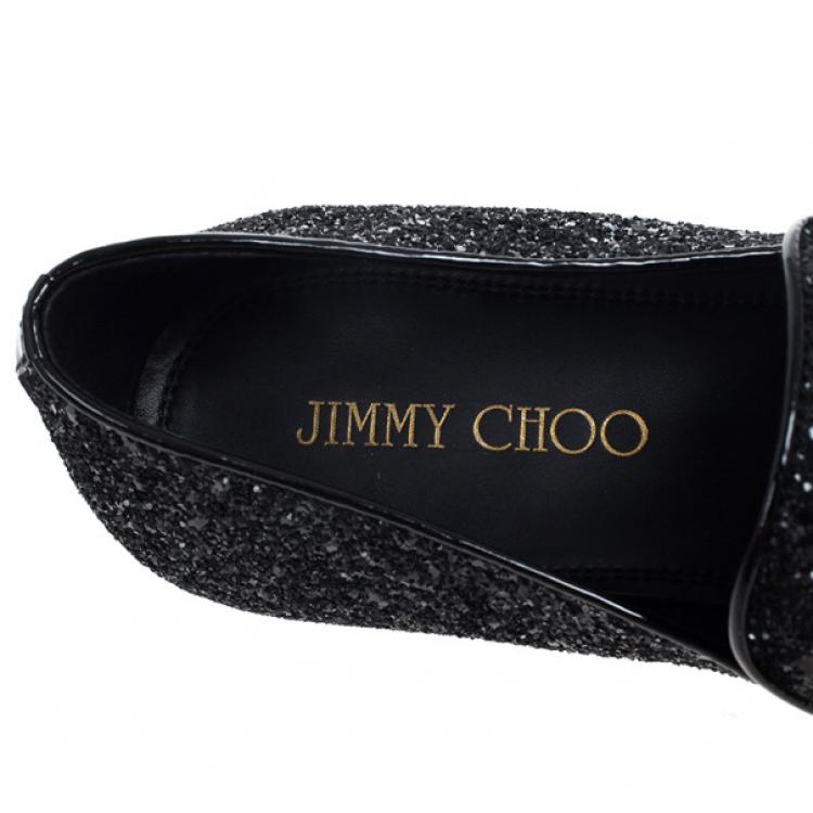 Pre Owned Jimmy Choo Black Coarse Glitter Sloane Smoking Slippers Size 42
