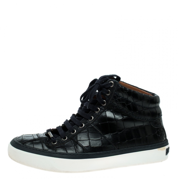 Pre Owned Jimmy Choo Black Crocodile Embossed Leather Belgravia High Top Sneakers Size 40