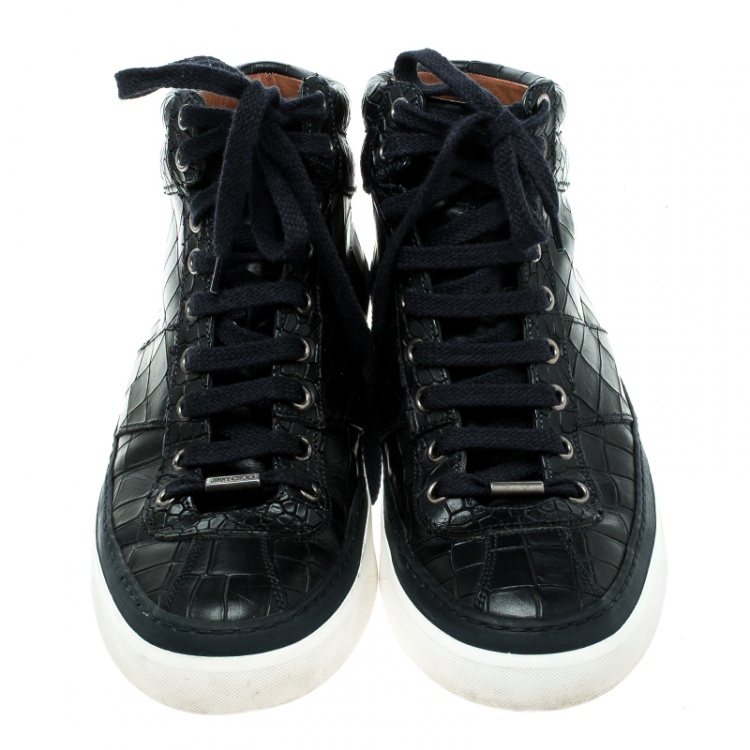 Pre Owned Jimmy Choo Black Crocodile Embossed Leather Belgravia High Top Sneakers Size 40