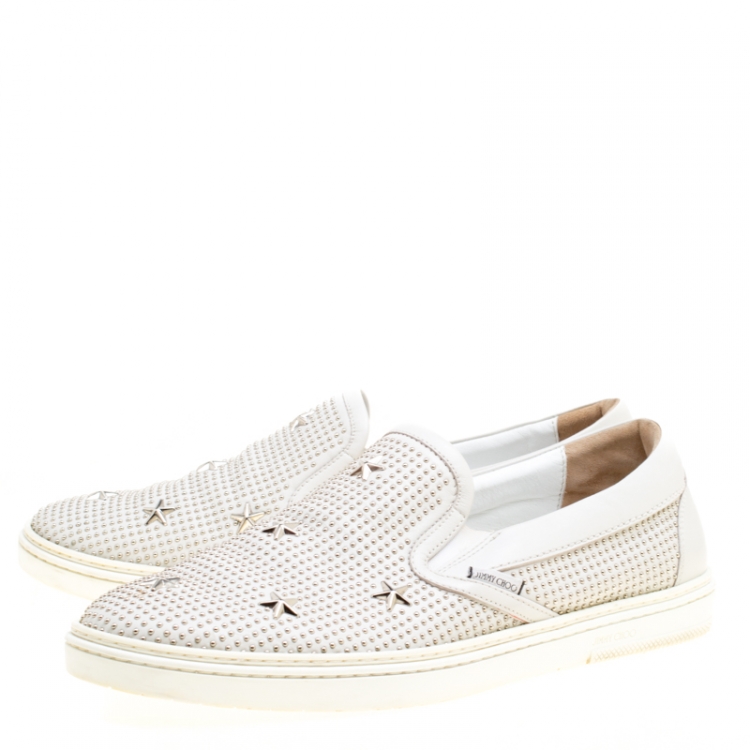Pre Owned Jimmy Choo Light Grey Leather Grove Star Studded Slip On Sneakers Size 44