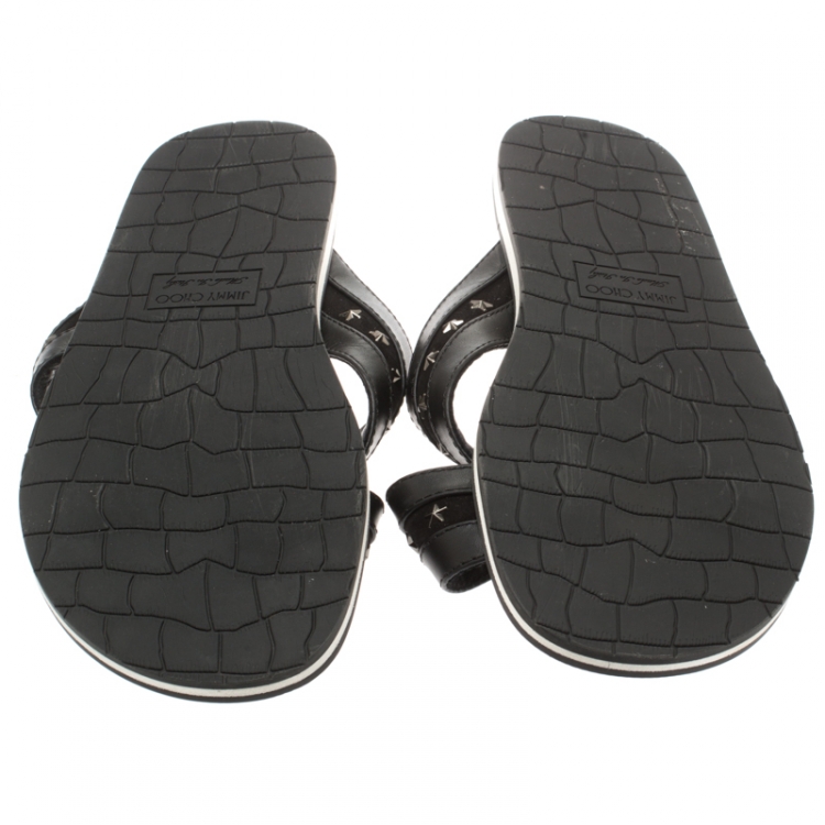 Pre Owned Jimmy Choo Black Leather And Suede Wally Star Embellished Cross Strap Slides Size 44.5