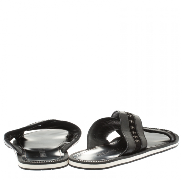 Pre Owned Jimmy Choo Black Leather And Suede Wally Star Embellished Cross Strap Slides Size 44.5