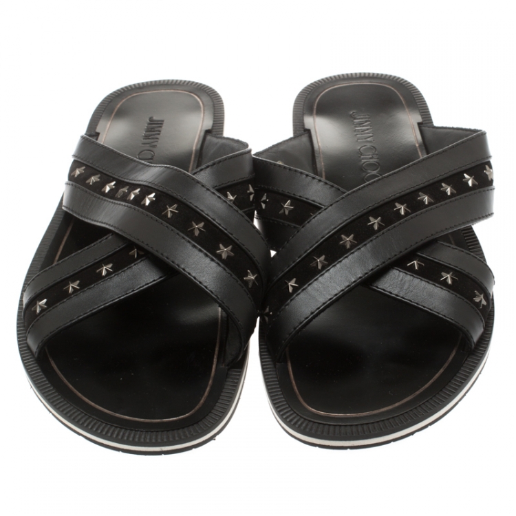 Pre Owned Jimmy Choo Black Leather And Suede Wally Star Embellished Cross Strap Slides Size 44.5