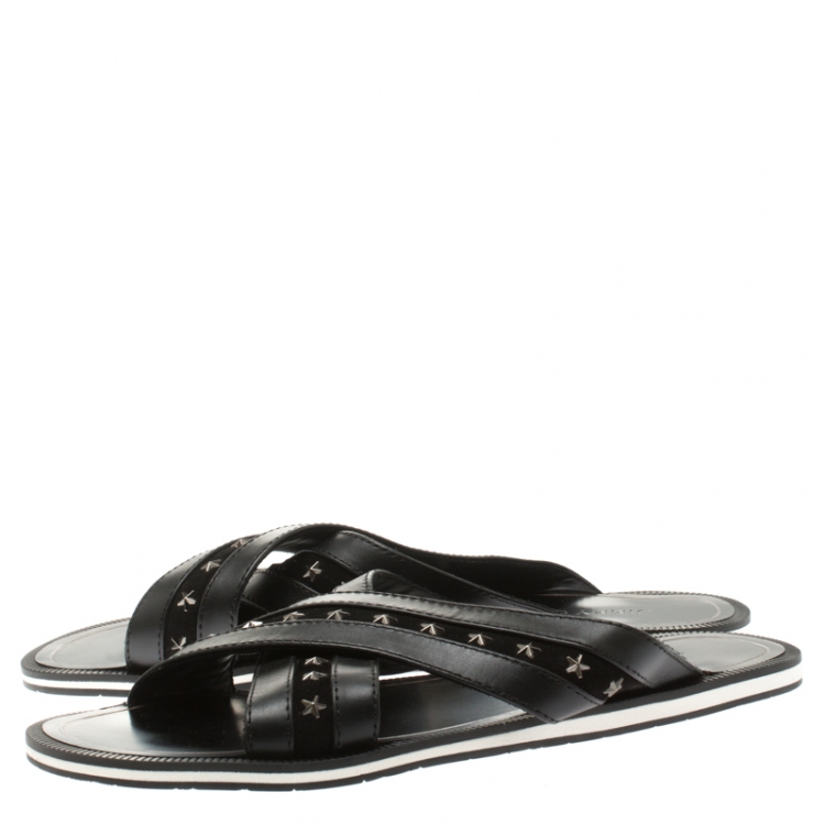 Pre Owned Jimmy Choo Black Leather And Suede Wally Star Embellished Cross Strap Slides Size 44.5