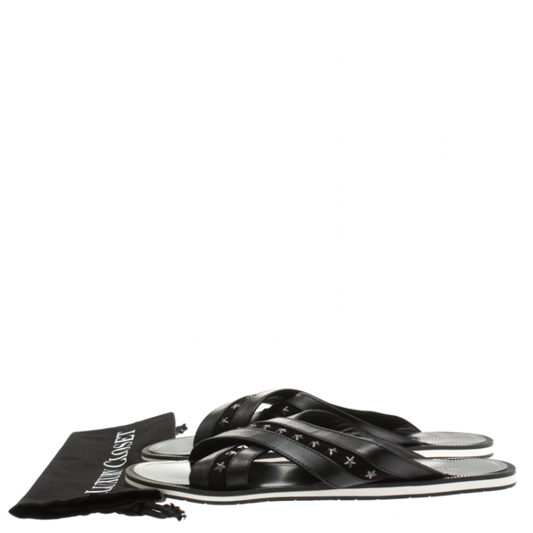 Pre Owned Jimmy Choo Black Leather And Suede Wally Star Embellished Cross Strap Slides Size 44.5