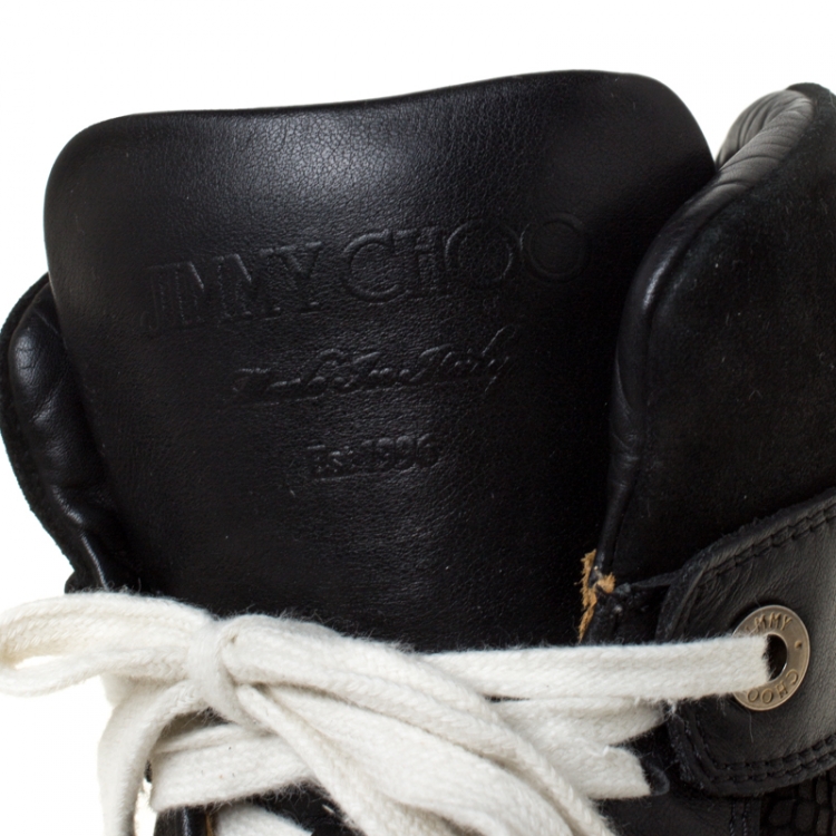 Pre Owned Jimmy Choo Black Snakeskin Embossed Leather and Suede Lace Up High Top Sneakers Size 44