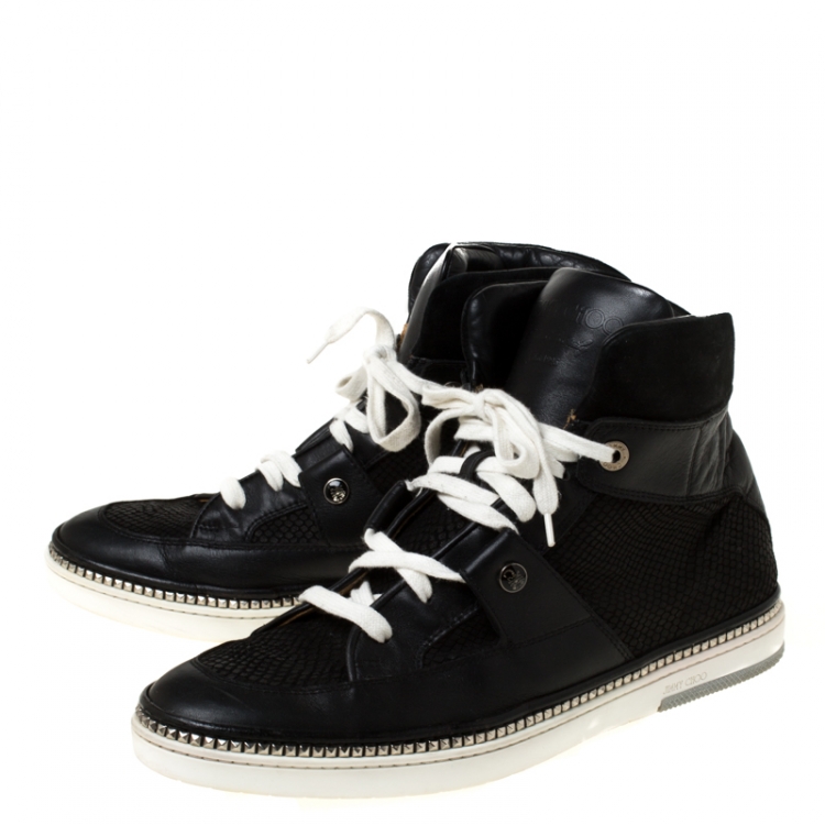 Pre Owned Jimmy Choo Black Snakeskin Embossed Leather and Suede Lace Up High Top Sneakers Size 44