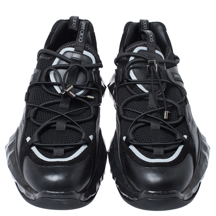 Pre Owned Jimmy Choo Black Leather, Mesh and Suede Diamond/M Lace Up Sneakers Size 43