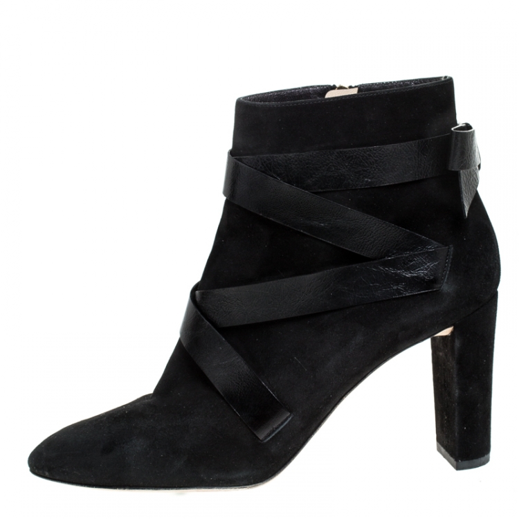 Pre Owned Jimmy Choo Black Suede And Crisscross Leather Block Heel Ankle Boots Size 42