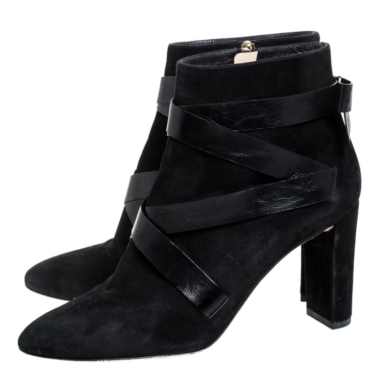 Pre Owned Jimmy Choo Black Suede And Crisscross Leather Block Heel Ankle Boots Size 42
