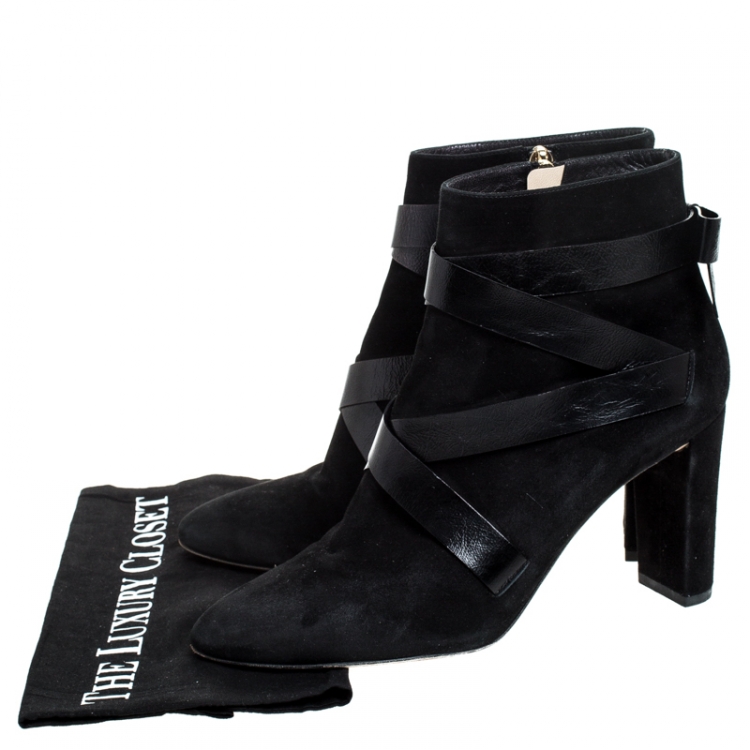 Pre Owned Jimmy Choo Black Suede And Crisscross Leather Block Heel Ankle Boots Size 42