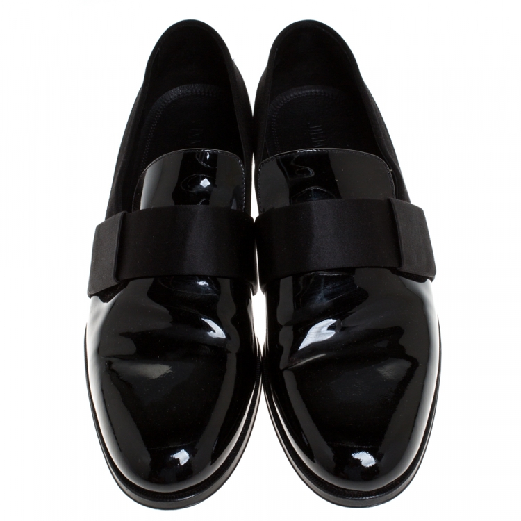 Pre Owned Jimmy Choo Black Patent Leather And Satin Trim John Smoking Slippers Size 43