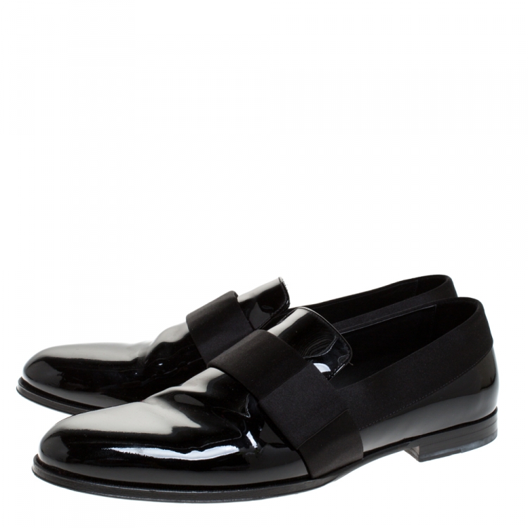 Pre Owned Jimmy Choo Black Patent Leather And Satin Trim John Smoking Slippers Size 43