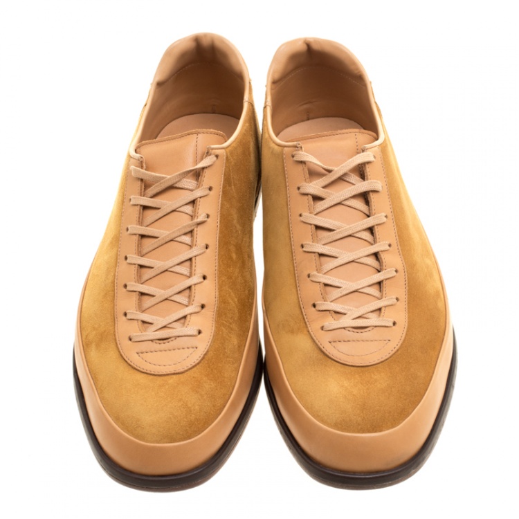 Pre Owned J.M.Weston Beige Suede and Leather Low Top Sneakers Size 42.5