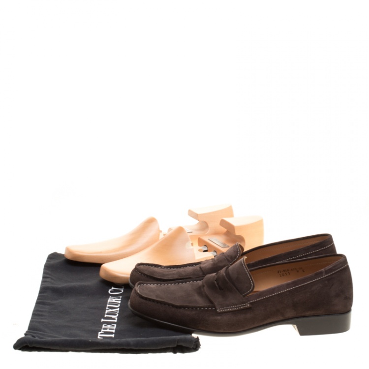 Pre Owned J.M.Weston Brown Suede Penny Loafers Size 43