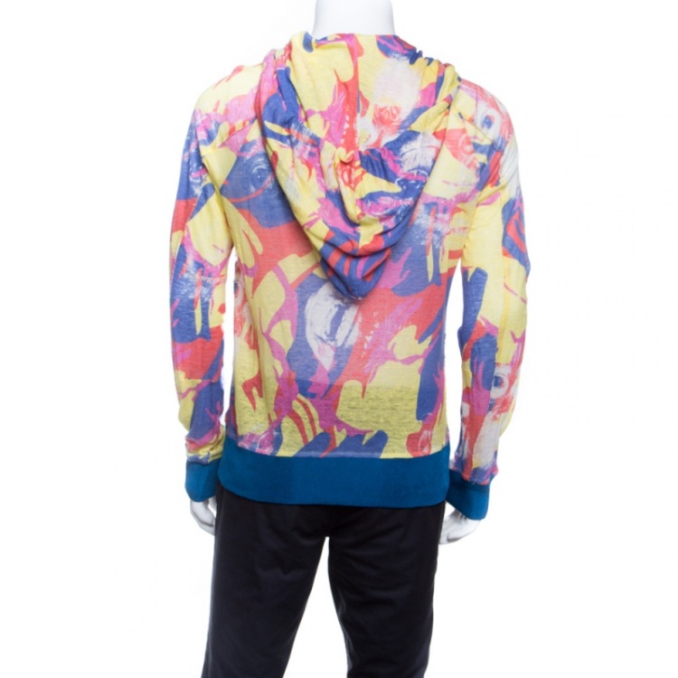 مملوكة مسبقًا John Galliano Multicolor Printed Rib Trim Hooded Linen Sweatshirt L