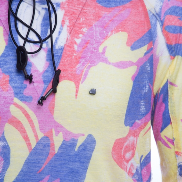 مملوكة مسبقًا John Galliano Multicolor Printed Rib Trim Hooded Linen Sweatshirt L