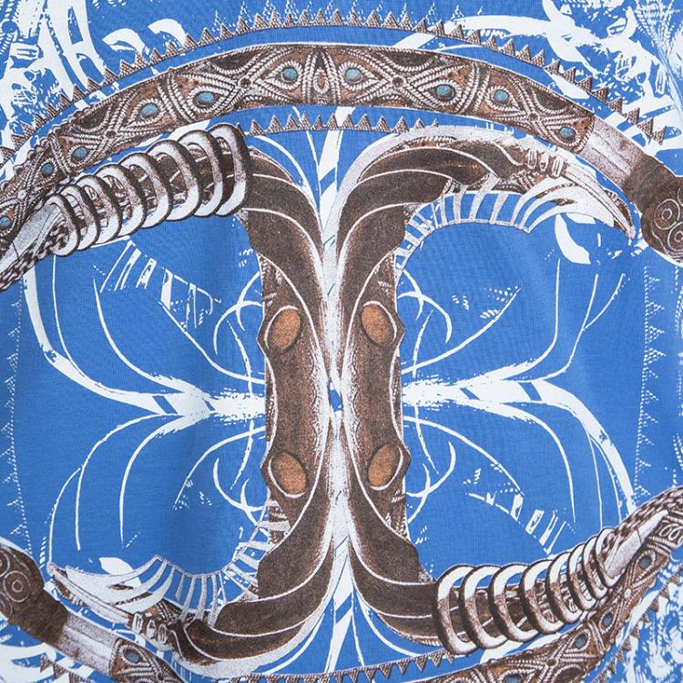 Pre Owned Just Cavalli Blue Graphic Logo Print V-Neck T-Shirt XXL