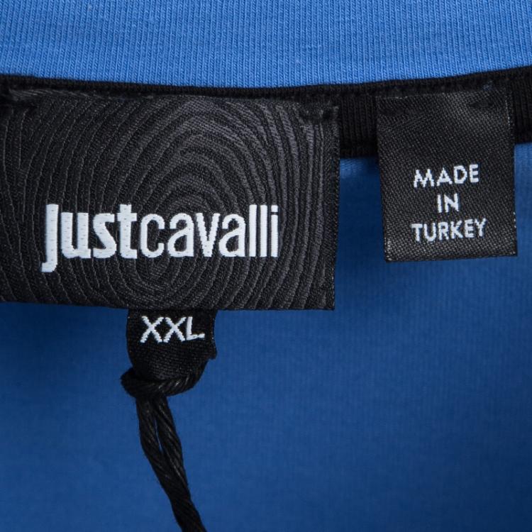 Pre Owned Just Cavalli Blue Graphic Logo Print V-Neck T-Shirt XXL