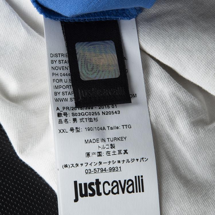 Pre Owned Just Cavalli Blue Graphic Logo Print V-Neck T-Shirt XXL