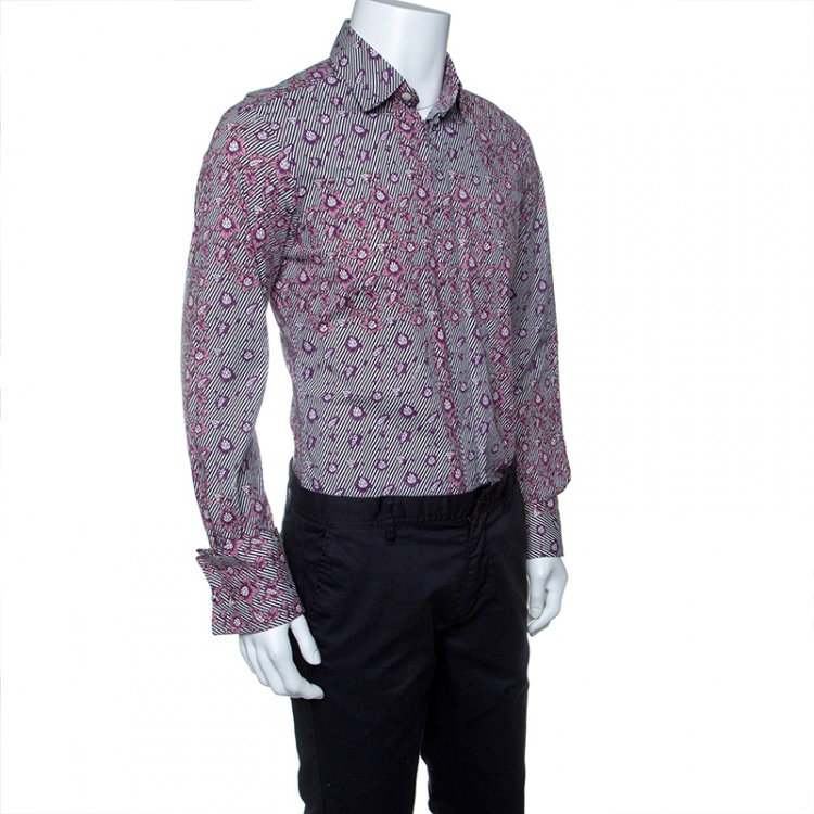 Pre Owned Just Cavalli Multicolor Striped Floral Printed Long Sleeve Slim Fit Shirt XL