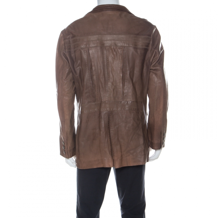 مملوكة مسبقًا Just Cavalli Brown Leather Pleated Yoke Detail Jacket 5XL 
