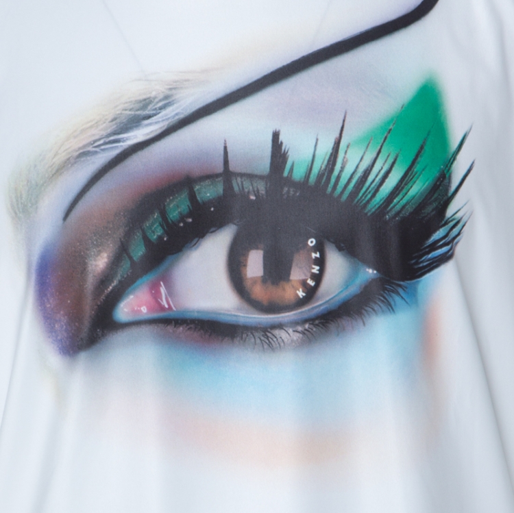 Pre Owned Kenzo White Coated Stretch Cotton Digital Eye Print T Shirt L 