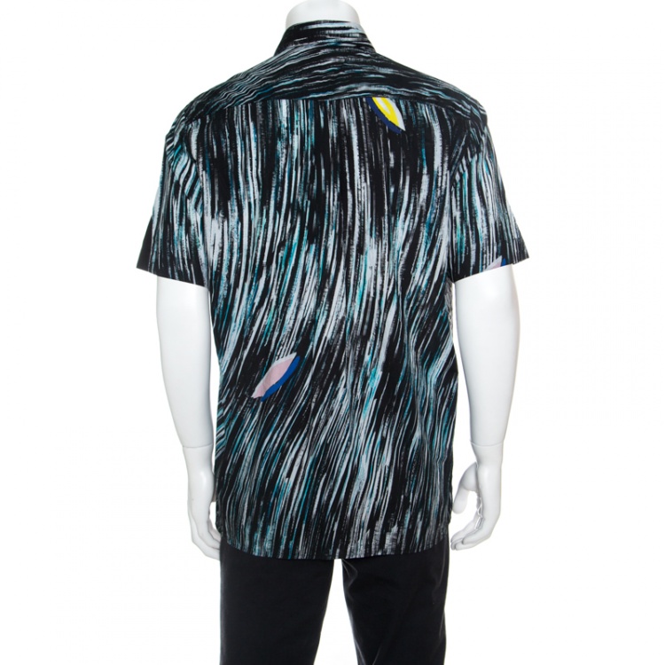 Pre Owned Kenzo Multicolor Scribble and Stripe Printed Cotton Short Sleeve Shirt L