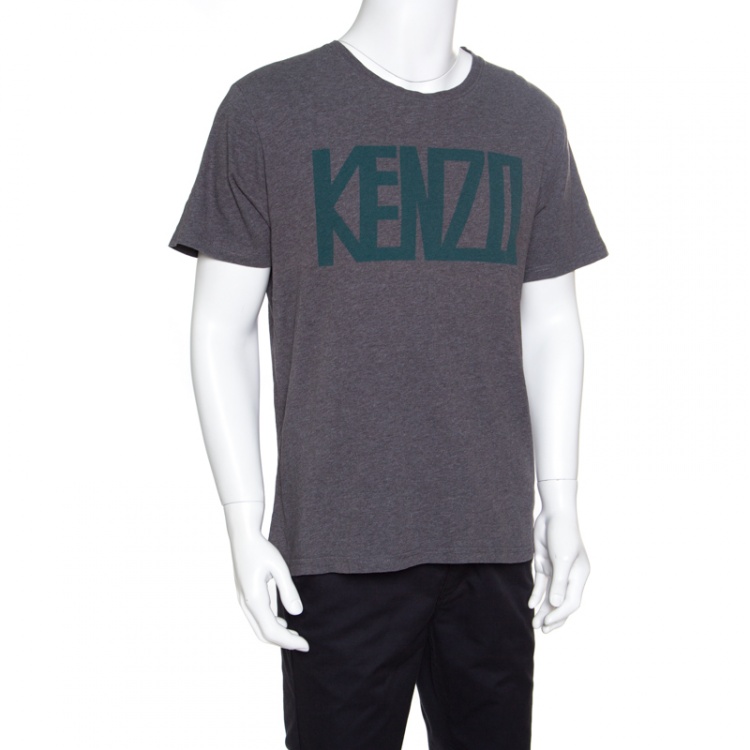Pre Owned Kenzo Grey Melange Crew Neck Printed T-Shirt XL