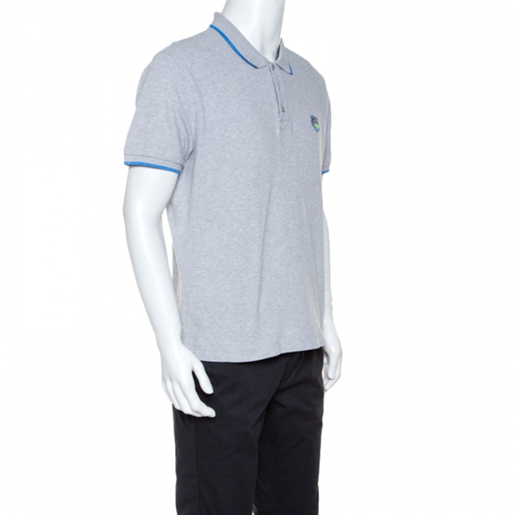 Pre Owned Kenzo Grey Cotton Contrast Trim Tiger Crest Polo T-Shirt L