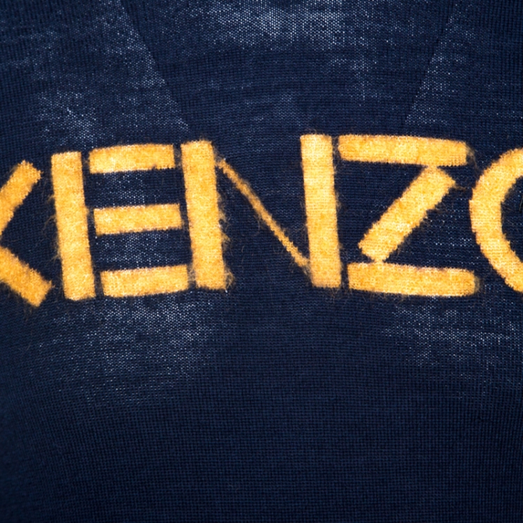 Pre Owned Kenzo Navy Blue Wool Blend Contrast Logo Sweater S