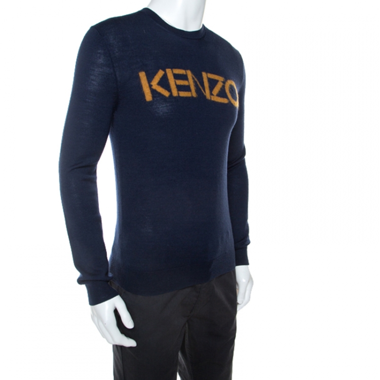 Pre Owned Kenzo Navy Blue Wool Blend Contrast Logo Sweater S