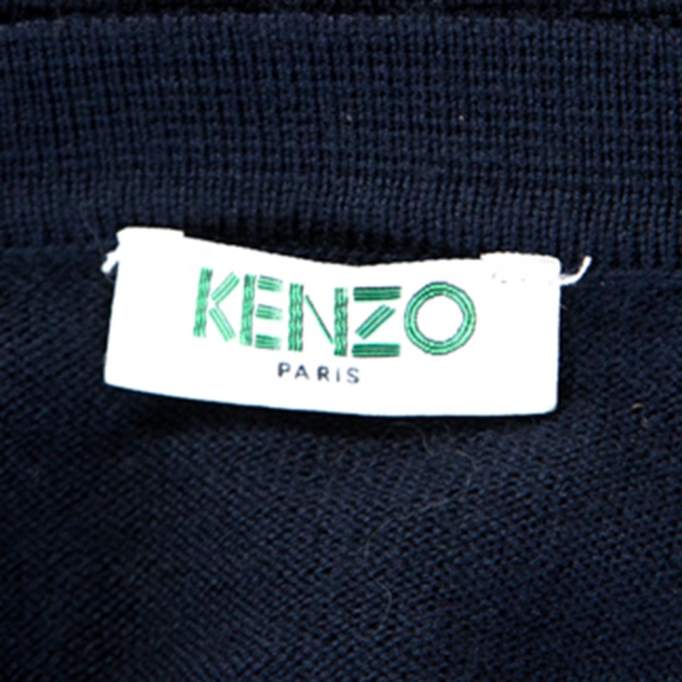 Pre Owned Kenzo Navy Blue Wool Blend Contrast Logo Sweater S