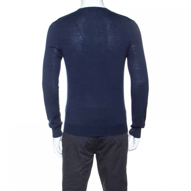 Pre Owned Kenzo Navy Blue Wool Blend Contrast Logo Sweater S