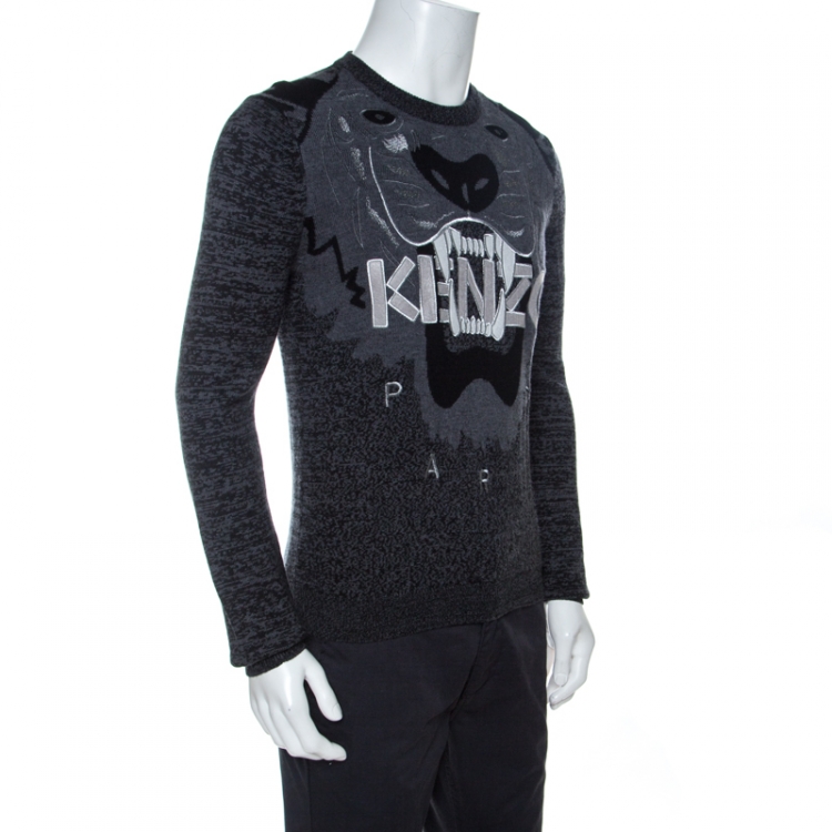 Pre Owned Kenzo Grey Tiger & Logo Embroidered Wool Melange Sweater S