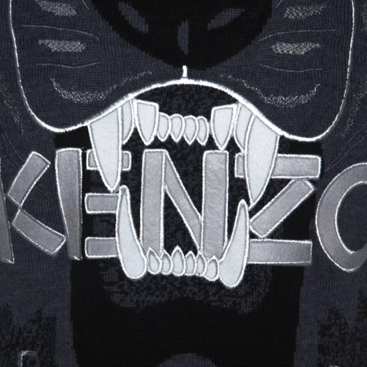 Pre Owned Kenzo Grey Tiger & Logo Embroidered Wool Melange Sweater S