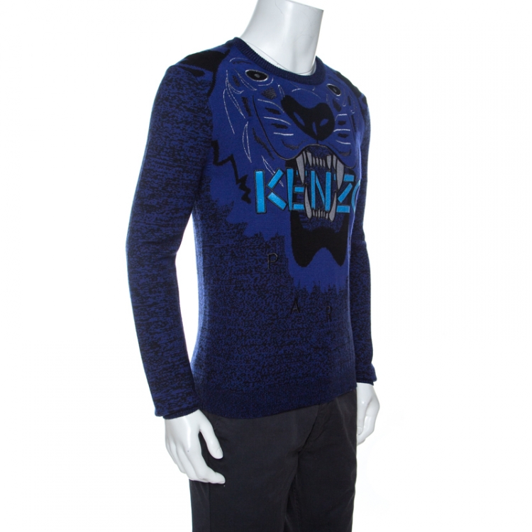 Pre Owned Kenzo Blue Tiger & Logo Embroidered Wool Melange Sweater S
